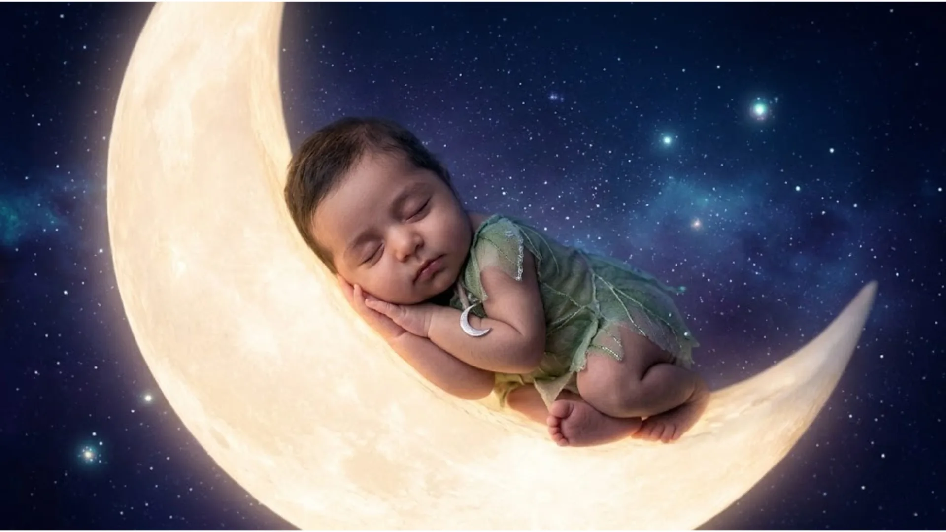 AI-generated baby sitting on a glowing crescent moon surrounded by a deep starry night sky with cinematic lighting